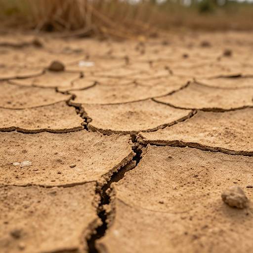 Close-up photograph of cracked, dry, brown earth with deep fissures, surrounded by blurred, sandy background and sparse vegetation.