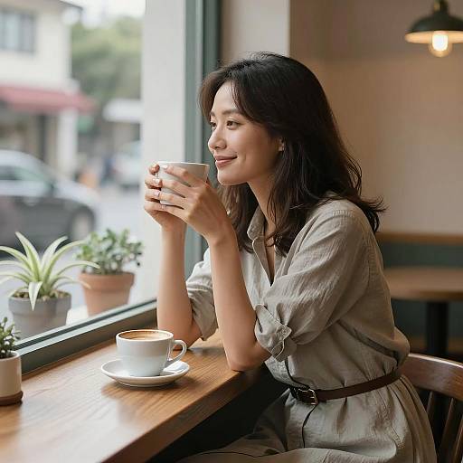 Woman Relaxing with Coffee at Café Window