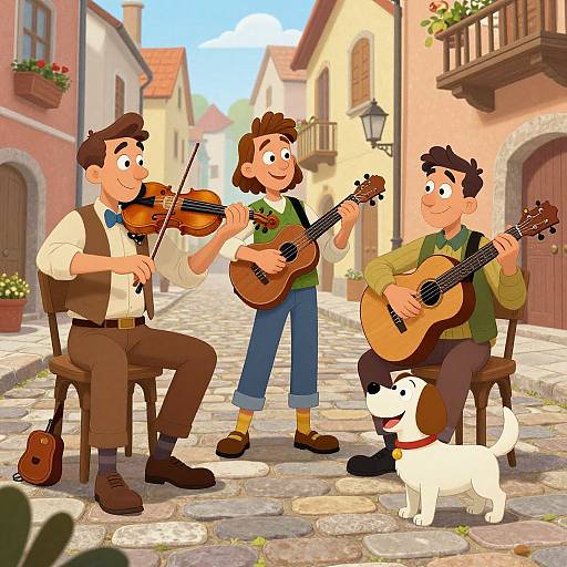 Three boys playing violin and guitar in a cobblestone street with a dog, cartoon-style drawing, sunny day, European village setting.