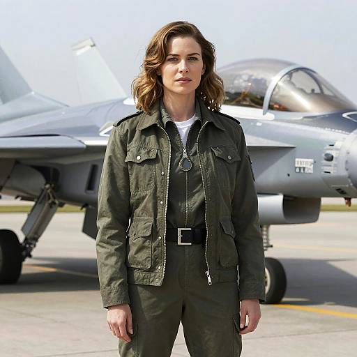 Woman in Green Jacket by Fighter Jet
