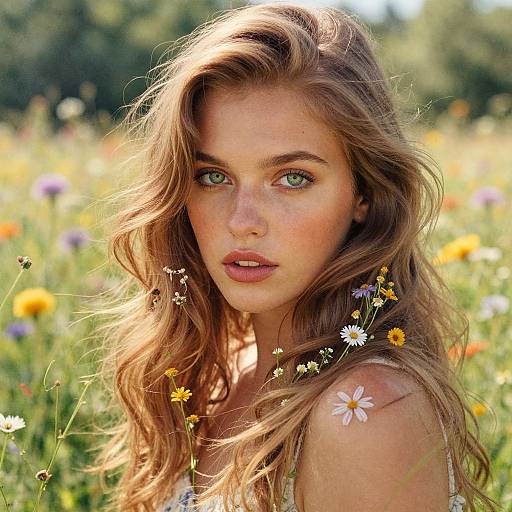 Photograph of a young woman with green eyes, wavy blonde hair, and freckles, standing in a sunlit meadow with colorful wild