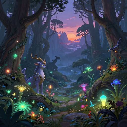 Fantastical forest sunset with glowing flowers, a majestic deer with antlers, and colorful fireflies. Digital art, vibrant colors, enchanted landscape.