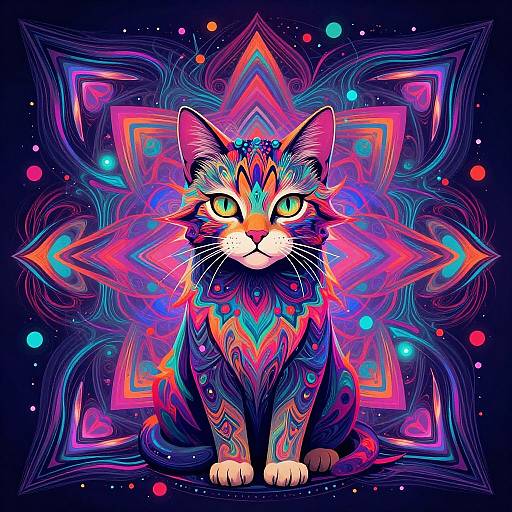 Vibrant digital illustration of a cat with neon patterns, glowing green eyes, and colorful geometric background in pink, blue, and purple.