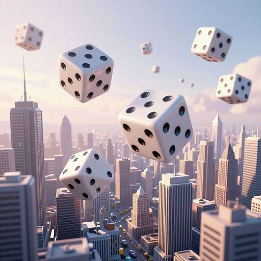 CGI image of white, six-sided dice with black dots floating above a detailed, sunlit cityscape of skyscrapers and grid-like streets.