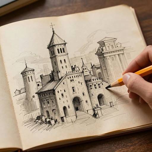 Ink sketch of a European-style castle with towers, drawn in a detailed, cross-hatched style on an open notebook, with a hand holding a