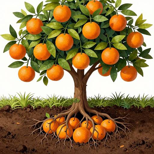 Digital illustration of an orange tree with vibrant green leaves and numerous ripe oranges above and below the soil.