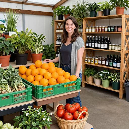 Woman Smiling at Vibrant Farm Shop