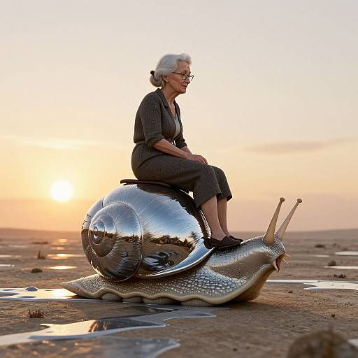 Photograph of an elderly woman with white hair, glasses, and a gray dress, sitting on a reflective, silver snail at sunset on a wet