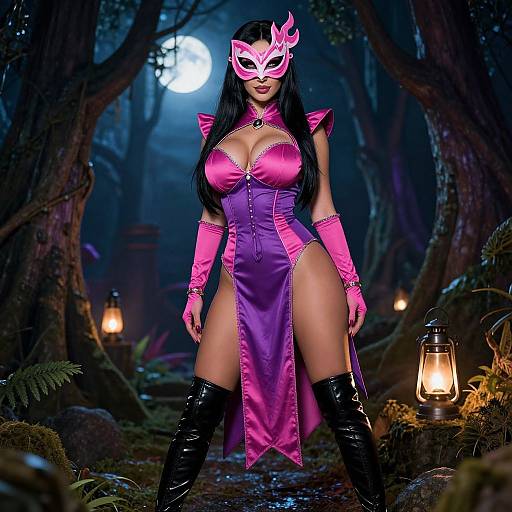 Digital artwork of a curvy woman with long black hair, pink mask, revealing purple dress, pink gloves, and black thigh-high boots, standing in