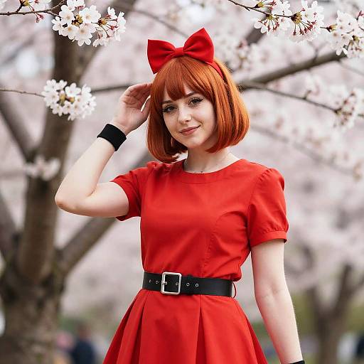 Young Woman in Red Among Blossoms