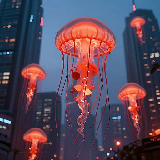Photograph of glowing red jellyfish floating between tall, dark skyscrapers at dusk, creating a futuristic urban oceanic scene.