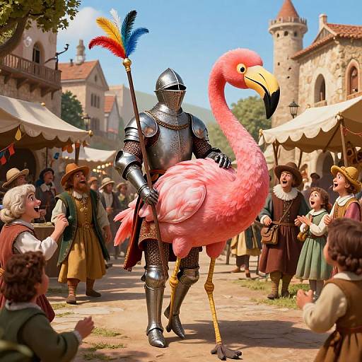 Photorealistic CGI of medieval market scene with armored knight holding flamingo, colorful feathered spear, crowd of children and villagers in period clothing, stone