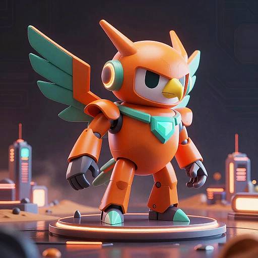 CGI image of a stylized, orange robotic bird with teal wings, scarf, and glowing accents, standing on a circular base in a futuristic,