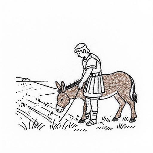 Black-and-white line drawing of a farmer in a hat and apron, leading a donkey as they plow a field. Simple, rustic style