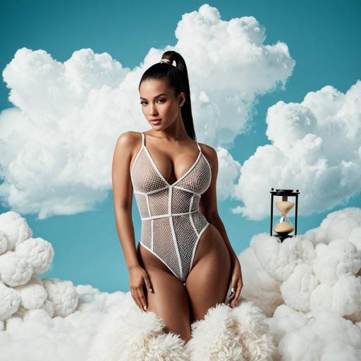 Woman in White Lingerie with Hourglass and Cloud Background