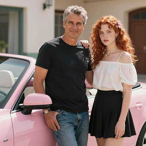 Middle-aged man and young woman beside pink convertible
