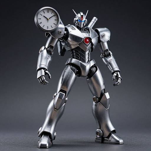 CGI image of a silver, humanoid robot with a clock for a head, blue eyes, and red chest light, standing in a dark gradient background