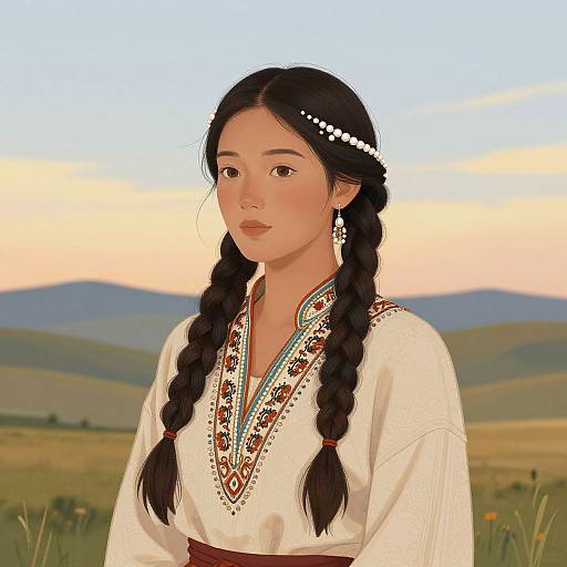 Digital painting of an Asian woman with long black braids, wearing a white embroidered blouse with red and blue patterns, against a sunset-lit rural landscape