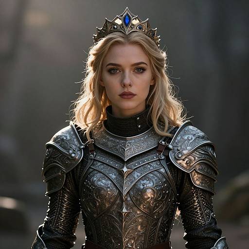 Photograph of a blonde woman with fair skin, wearing intricate silver armor and a jeweled crown, standing in a dimly lit forest. She has