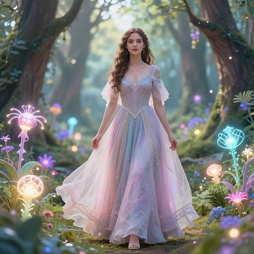 A fair-skinned, long-haired woman in a delicate, light purple, off-shoulder gown stands in a glowing, enchanted forest filled with colorful
