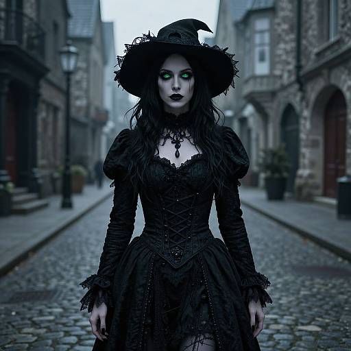 Digital artwork of a gothic witch with pale skin, black lace dress, wide-brimmed hat, green glowing eyes, standing on a cobble