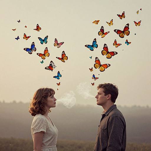 Photograph of a couple facing each other, surrounded by colorful butterflies against a hazy sunset sky in a field.
