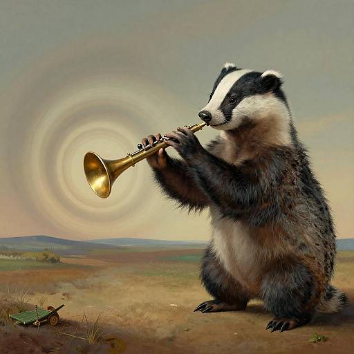 Photorealistic digital art: A black and white badger stands on its hind legs, playing a golden trumpet with a swirling sun-like glow in the