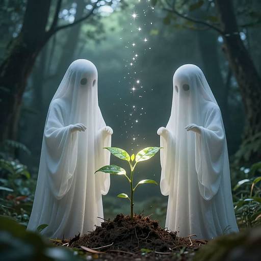 Digital artwork of two glowing white ghostly figures with black eyes, standing in a dark forest, gently nurturing a glowing plant with twinkling stars above it