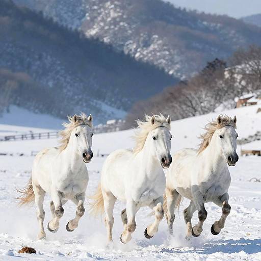 Majestic White Horses in Snowy Valley