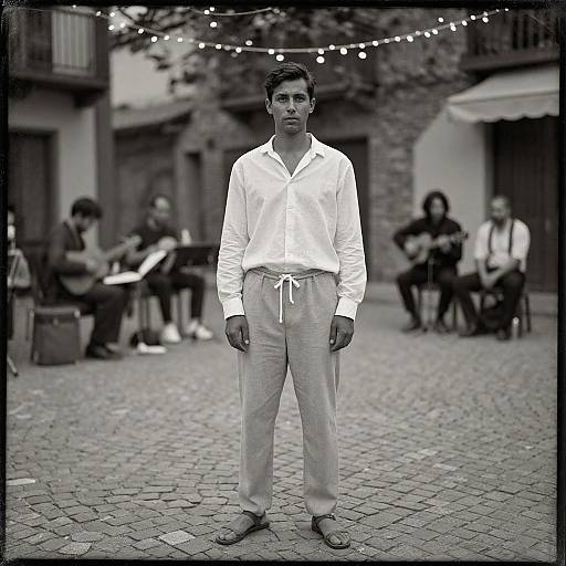 Contemplative Man in Cobblestone Square