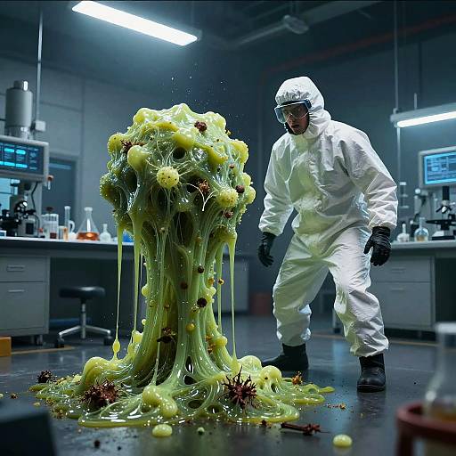 Photograph of a scientist in a white hazmat suit examining a glowing, yellow, slime-like substance that's dripping and piled on a lab table.