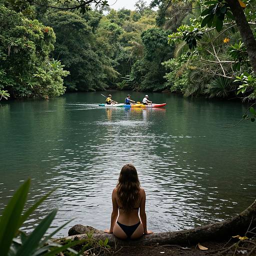 Photograph of a woman in black bikini, sitting on log, watching three kayakers in colorful kayaks on calm, green forest river. Dense trees