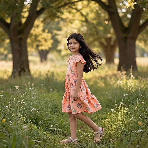 Photograph of a young Asian girl with long black hair, wearing an orange floral dress and white sandals, walking through a sunlit, grassy park