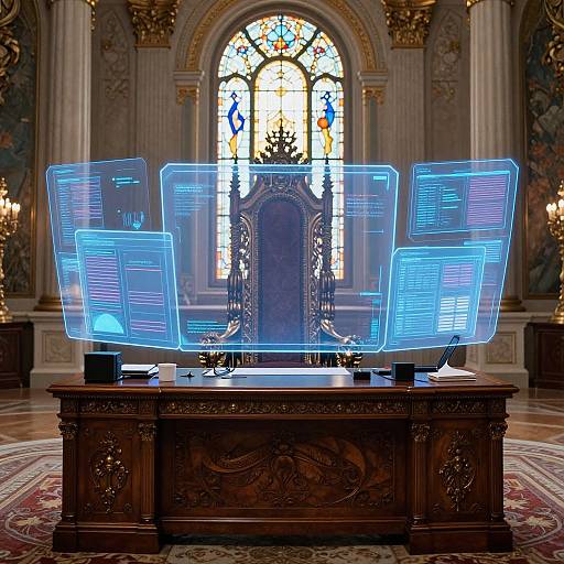 Futuristic Holographic Workspace in Royal Throne Room