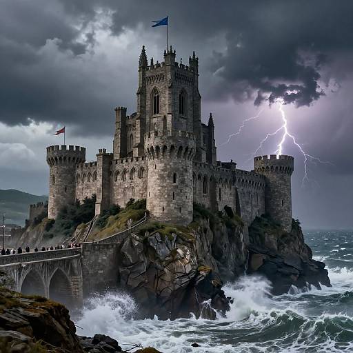 Digital artwork of a stormy, lightning-struck medieval castle on a rocky cliff, waves crashing below, flags flying, dark clouds overhead.