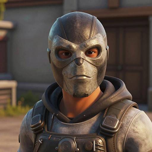 Photorealistic CGI of a stern-faced, armored character with a metallic helmet and brown eyes, standing in front of a blurred, outdoor building.