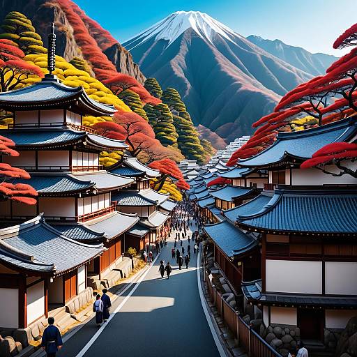Vibrant Japanese Town in Mountainous Setting