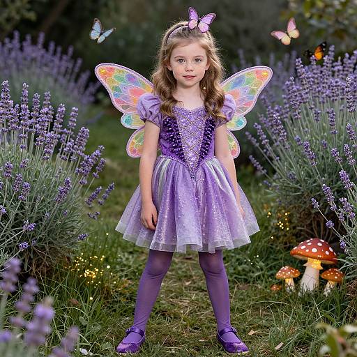 Photograph of a young girl with long brown hair, wearing a purple fairy dress, butterfly wings, purple stockings, and shoes, standing in a lavender