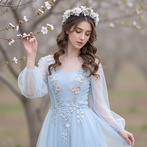 Ethereal Woman in Floral Gown