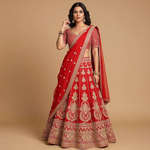 Photograph of a beautiful South Asian woman in a vibrant red traditional lehenga with gold embroidery, wearing jewelry, standing against a beige backdrop.