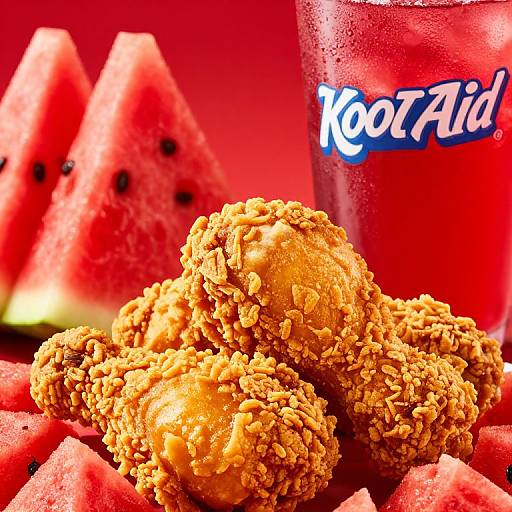 Photograph of crispy, crumbly fried nuggets beside juicy watermelon slices and a red Coca-Cola cup with condensation. Vibrant red and
