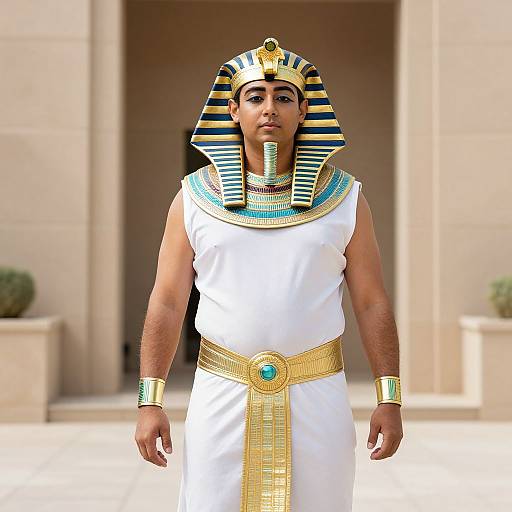 Photograph of a man in ancient Egyptian attire: white tunic, gold belt, striped nemes headpiece, blue and gold collar, standing in