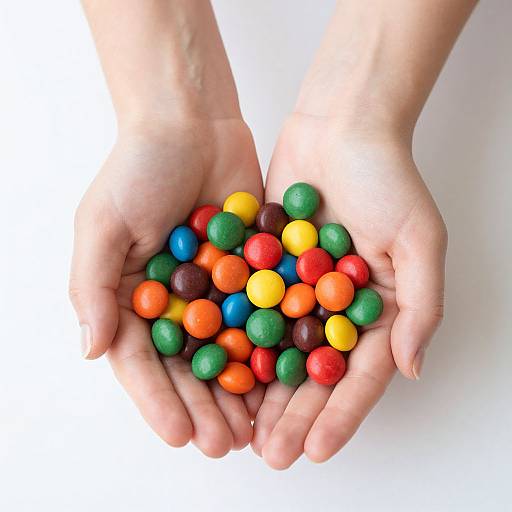 Photograph of two open hands cupping colorful M&M's candies (red, green, blue, yellow, brown) against a plain white background.