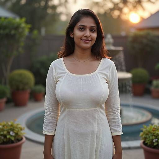 Photograph of a smiling Indian woman with medium-brown skin, medium-length dark hair, wearing a white long-sleeve dress, standing in a