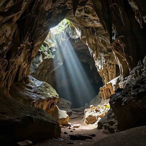 Photograph of a sunlit cave entrance with rays of light illuminating rugged, textured rock formations and scattered sand on the cave floor.