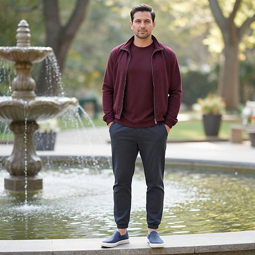 Photograph of a bearded man with medium build, dark hair, wearing a maroon jacket, black pants, and blue sneakers, standing by a