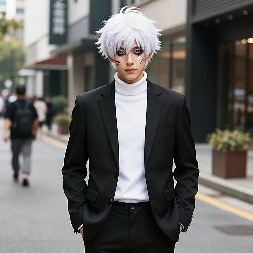 Photograph of a young man with white, spiky hair, wearing a black suit, white turtleneck, and black pants, standing on a