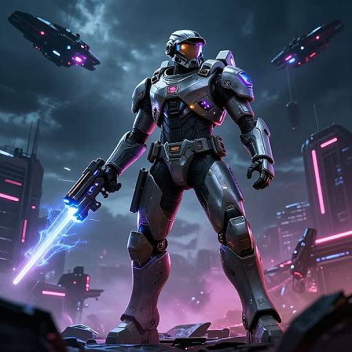 CGI sci-fi image of a towering, armored mecha warrior with glowing blue energy sword, standing amid neon-lit, futuristic city ruins.