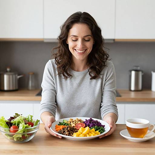 Photograph of a smiling woman with curly dark hair in a gray sweater, holding a colorful salad bowl on a wooden kitchen counter. Tea in a cup
