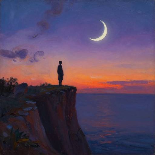 Silhouetted figure stands on cliff edge, gazing at crescent moon against vibrant purple, orange, and pink sunset sky. Digital painting.